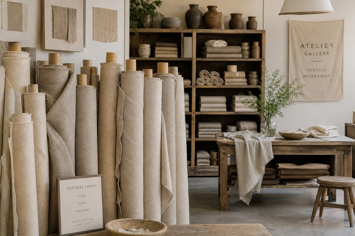 Rolls of natural linen fabric in dune beige and flax colors