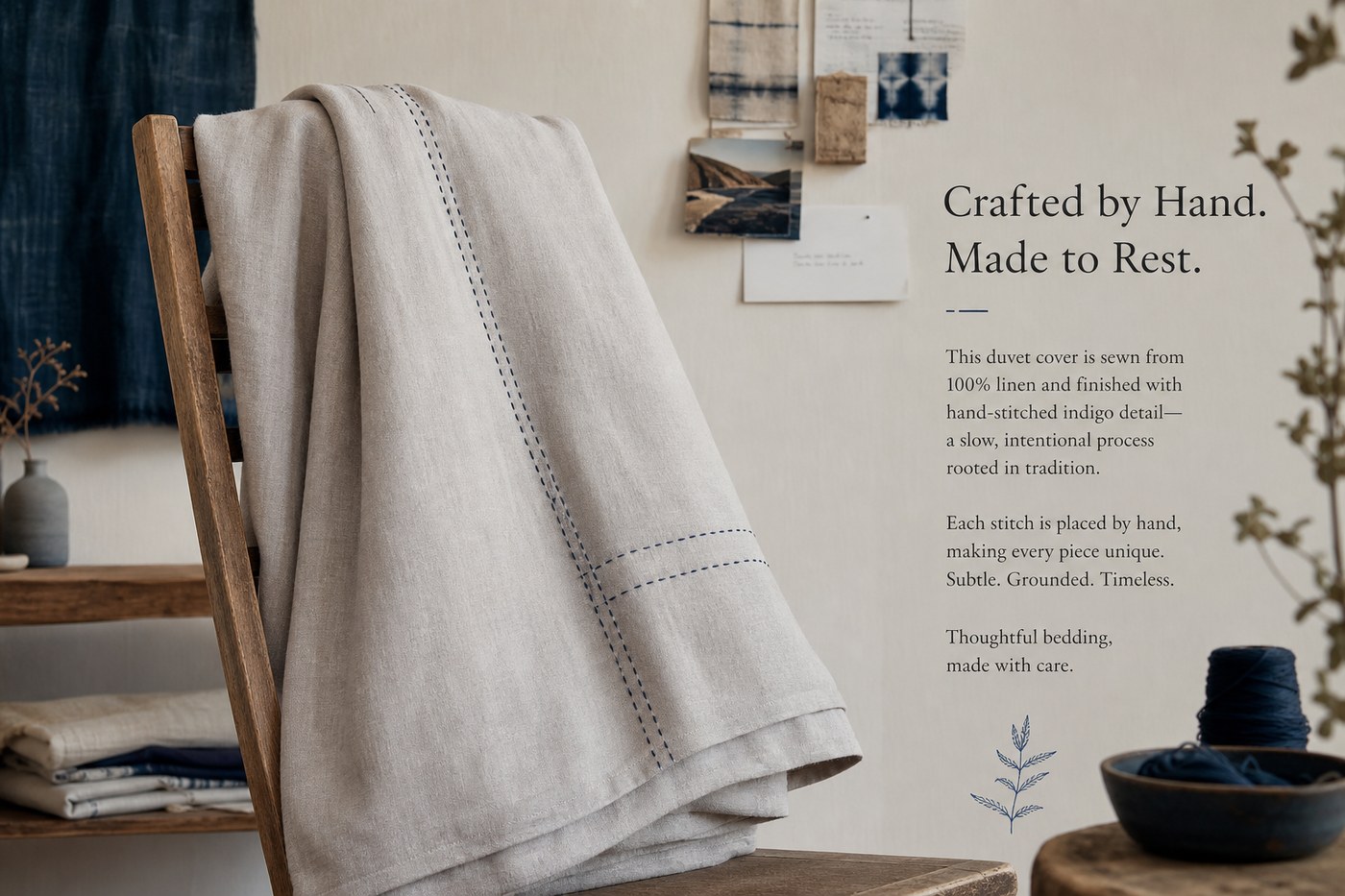 Finished linen duvet cover with hand-stitched indigo detail