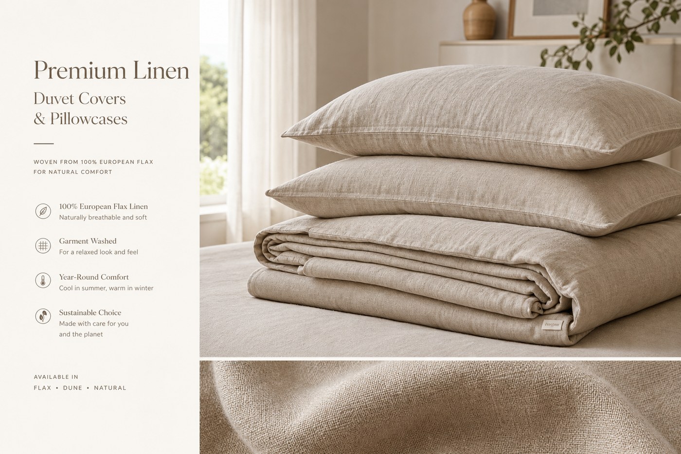 Stack of premium linen duvet covers in warm flax beige