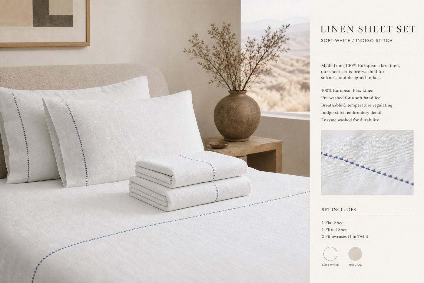Natural linen sheet set in soft white with indigo accent