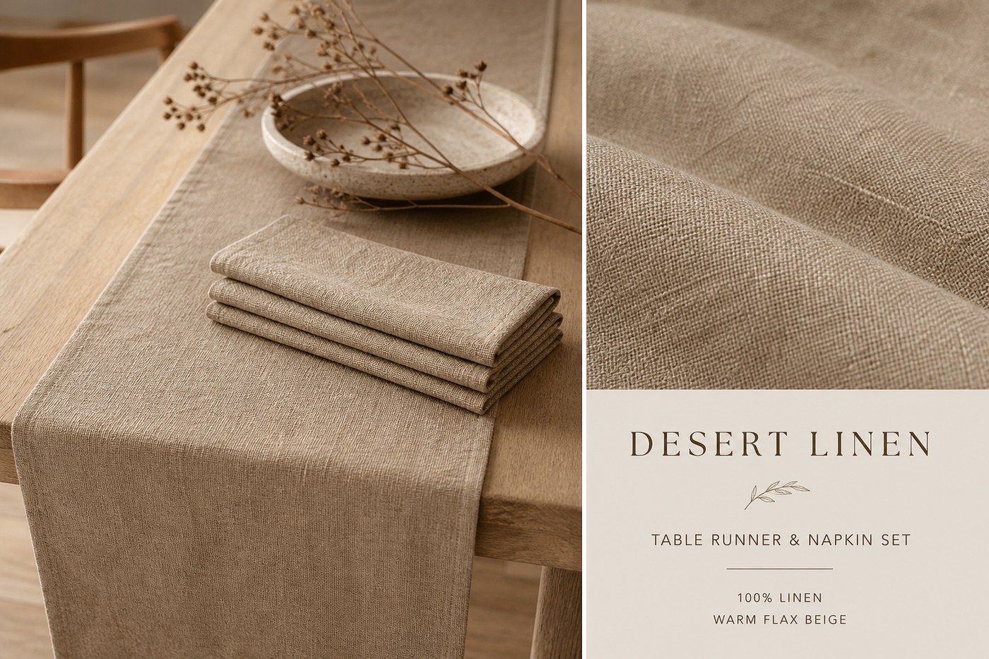 Linen table runner and napkins in warm flax tones